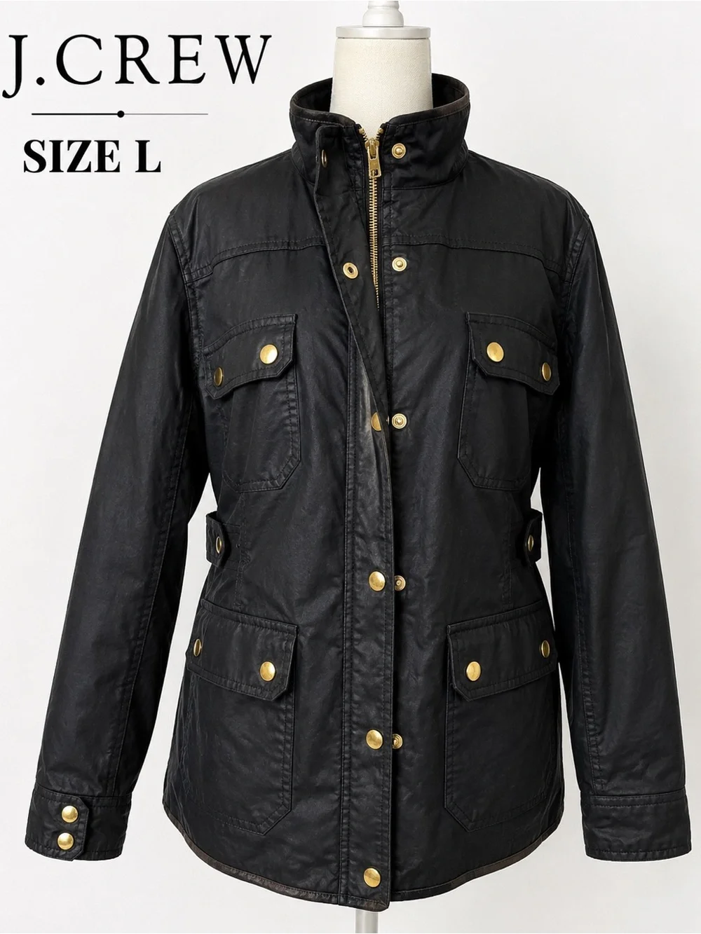 J.Crew Waxed Cotton Field Jacket Black Gold Hardware Utility Coat L
